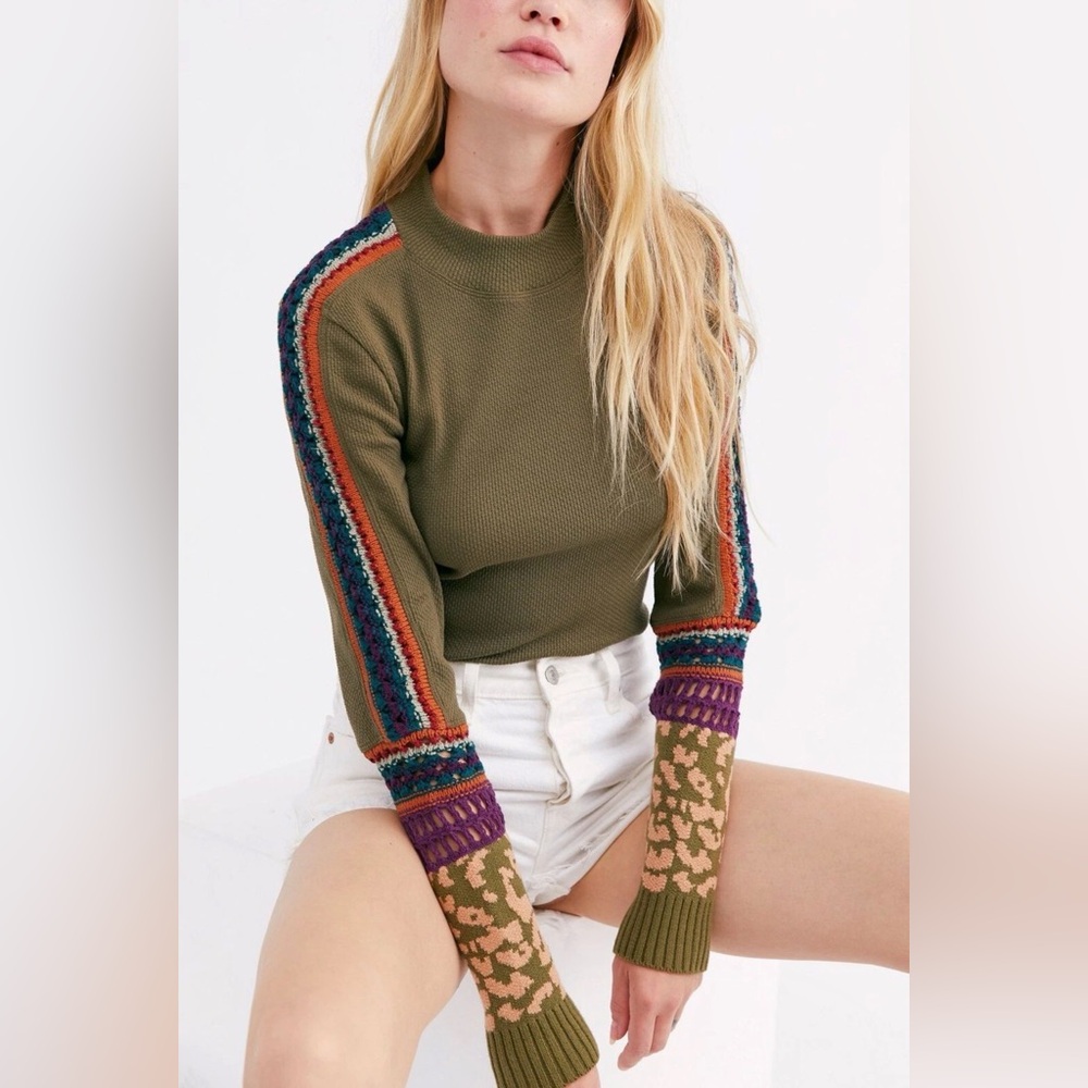 New Free People Army Green Switch It Up Boho Thermal Cuff Top Size XL - Picture 9 of 9
